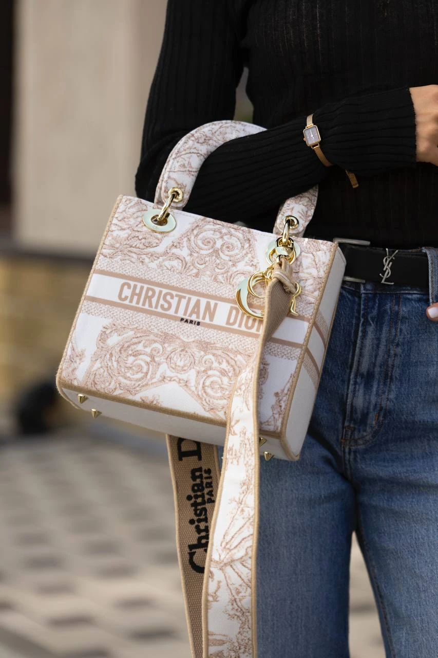 Lady Dior D-Lite Medium Blue Late Toile De Jouy White/Gold